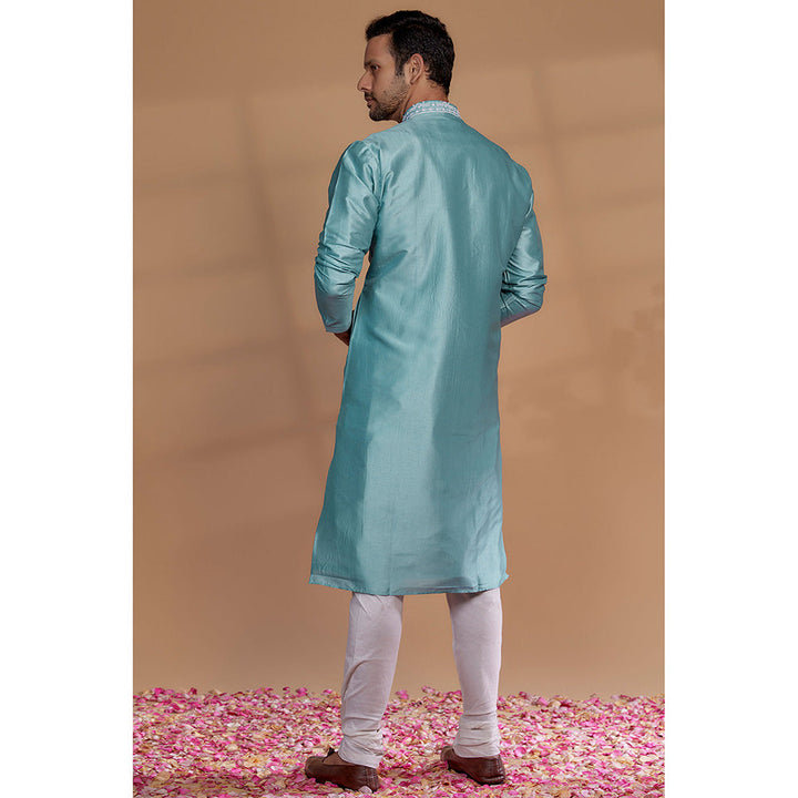 RIYAASAT Firozi Blue Banarasi Silk Thread Embroidered Kurta with Churidar (Set of 2)