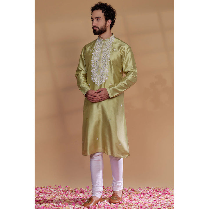 RIYAASAT Rich Golden Banarasi Silk Thread Embroidered Kurta with Churidar (Set of 2)