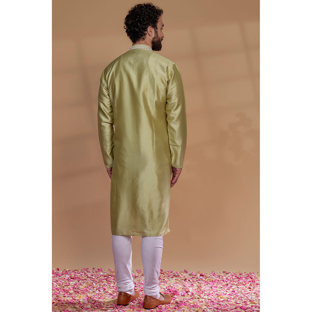 RIYAASAT Rich Golden Banarasi Silk Thread Embroidered Kurta with Churidar (Set of 2)