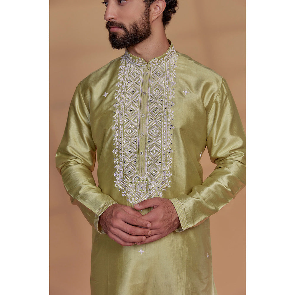 RIYAASAT Rich Golden Banarasi Silk Thread Embroidered Kurta with Churidar (Set of 2)