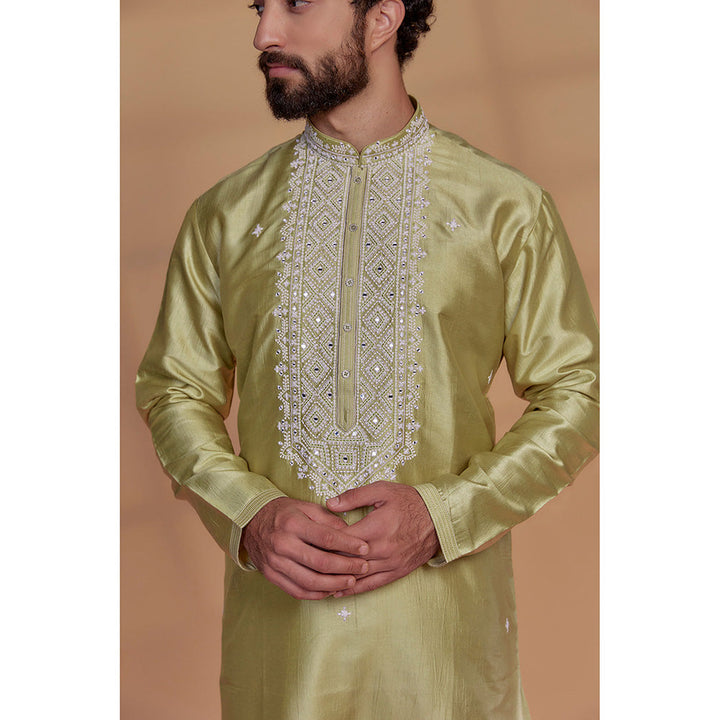 RIYAASAT Rich Golden Banarasi Silk Thread Embroidered Kurta with Churidar (Set of 2)