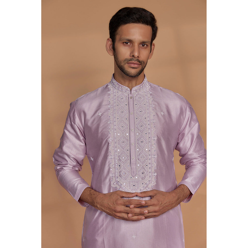 RIYAASAT Soft Lilac Banarasi Silk Thread Embroidered Kurta with Churidar (Set of 2)