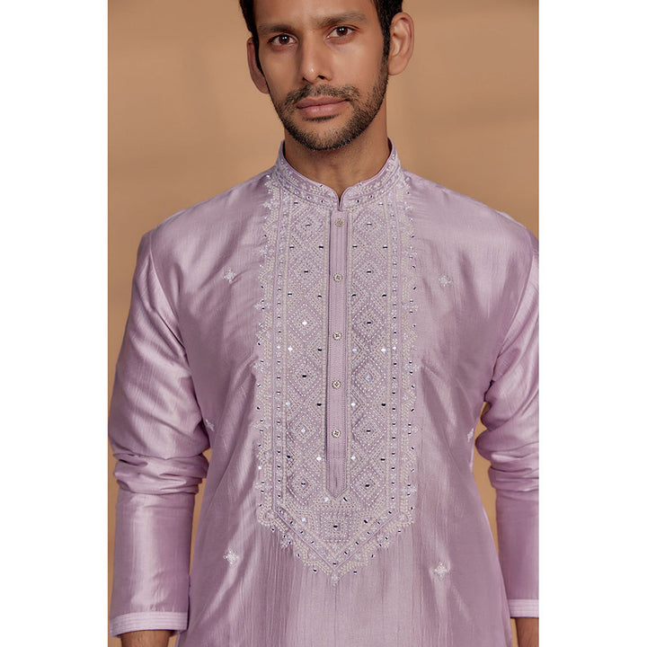 RIYAASAT Soft Lilac Banarasi Silk Thread Embroidered Kurta with Churidar (Set of 2)