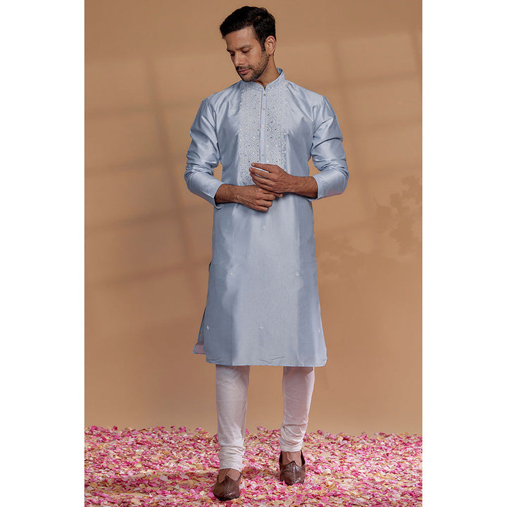 RIYAASAT Celestial Blue Banarasi Silk Thread Embroidered Kurta with Churidar (Set of 2)