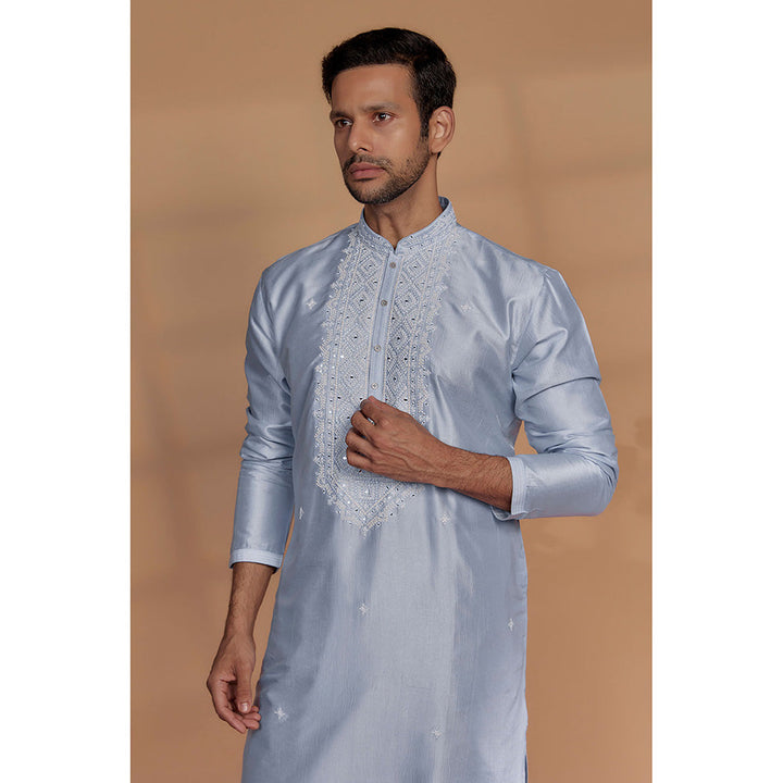 RIYAASAT Celestial Blue Banarasi Silk Thread Embroidered Kurta with Churidar (Set of 2)