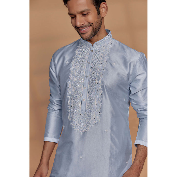 RIYAASAT Celestial Blue Banarasi Silk Thread Embroidered Kurta with Churidar (Set of 2)