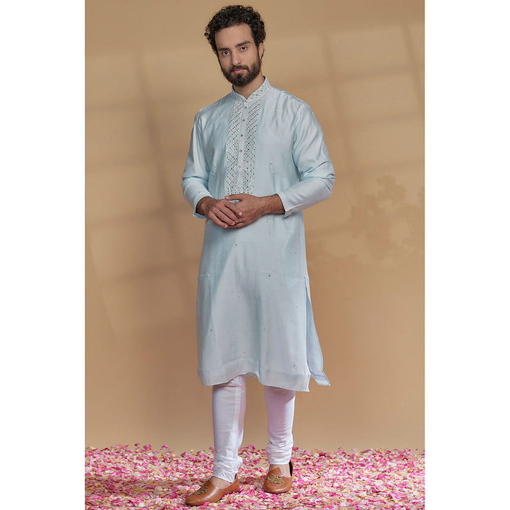 RIYAASAT Powder Blue Silk Mirror Embroidered Kurta with Churidar (Set of 2)