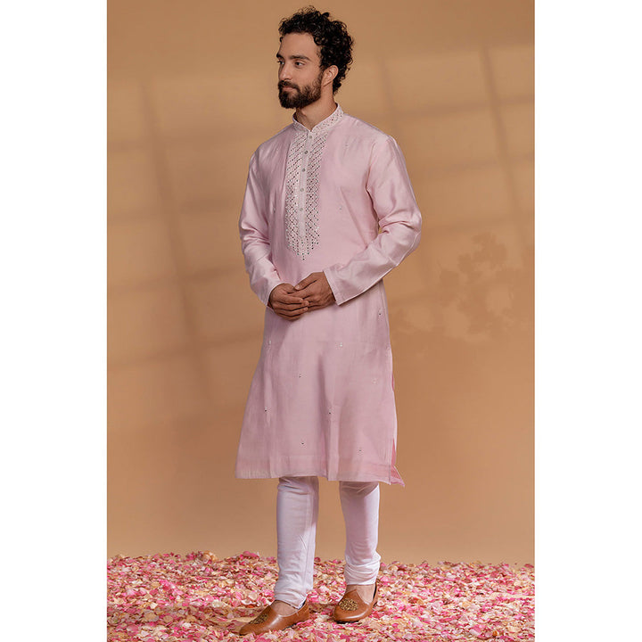 RIYAASAT Carnation Pink Silk Mirror Embroidered Kurta with Churidar (Set of 2)