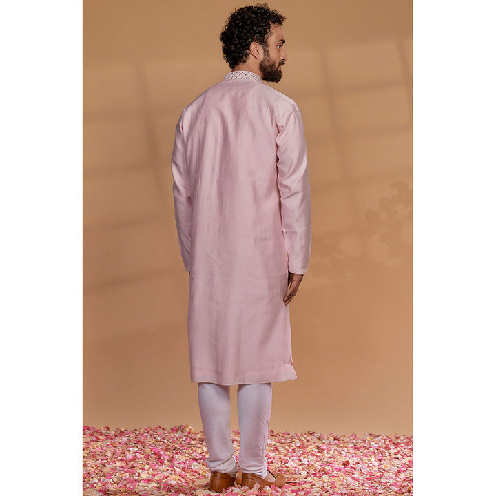 RIYAASAT Carnation Pink Silk Mirror Embroidered Kurta with Churidar (Set of 2)