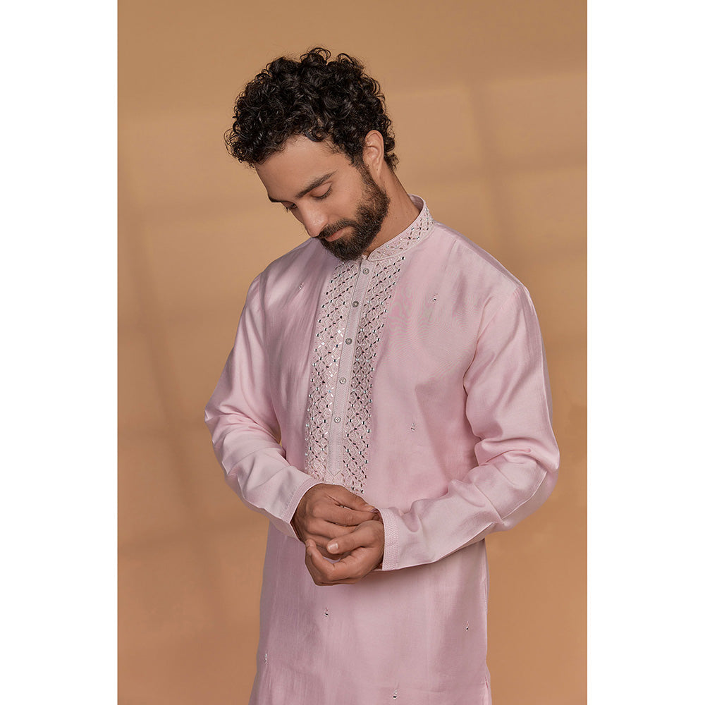 RIYAASAT Carnation Pink Silk Mirror Embroidered Kurta with Churidar (Set of 2)