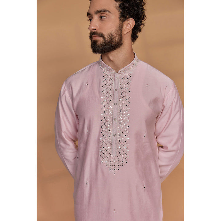 RIYAASAT Carnation Pink Silk Mirror Embroidered Kurta with Churidar (Set of 2)