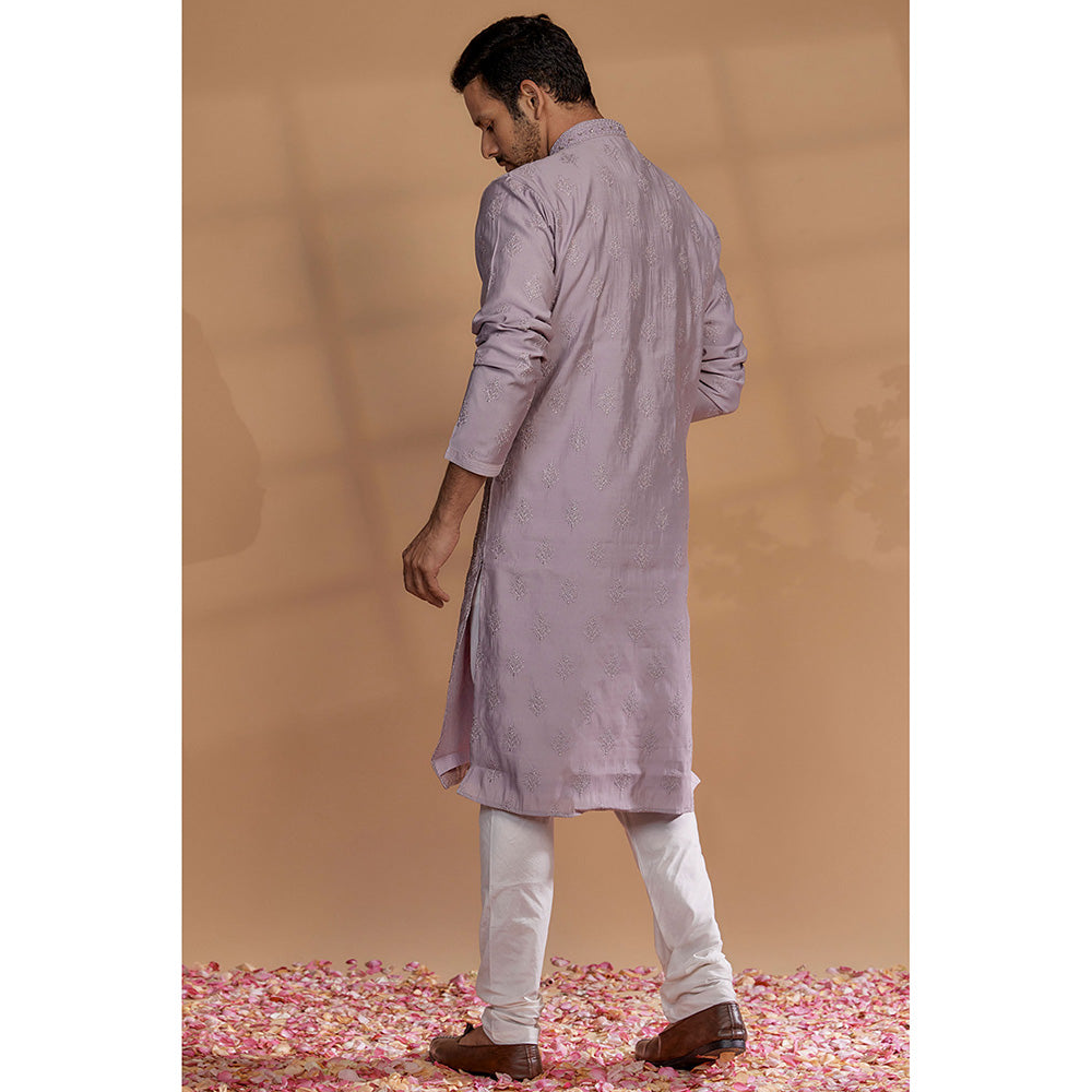 RIYAASAT Lavender Banarasi Silk Thread Embroidered Kurta with Churidar (Set of 2)