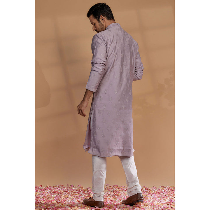 RIYAASAT Lavender Banarasi Silk Thread Embroidered Kurta with Churidar (Set of 2)