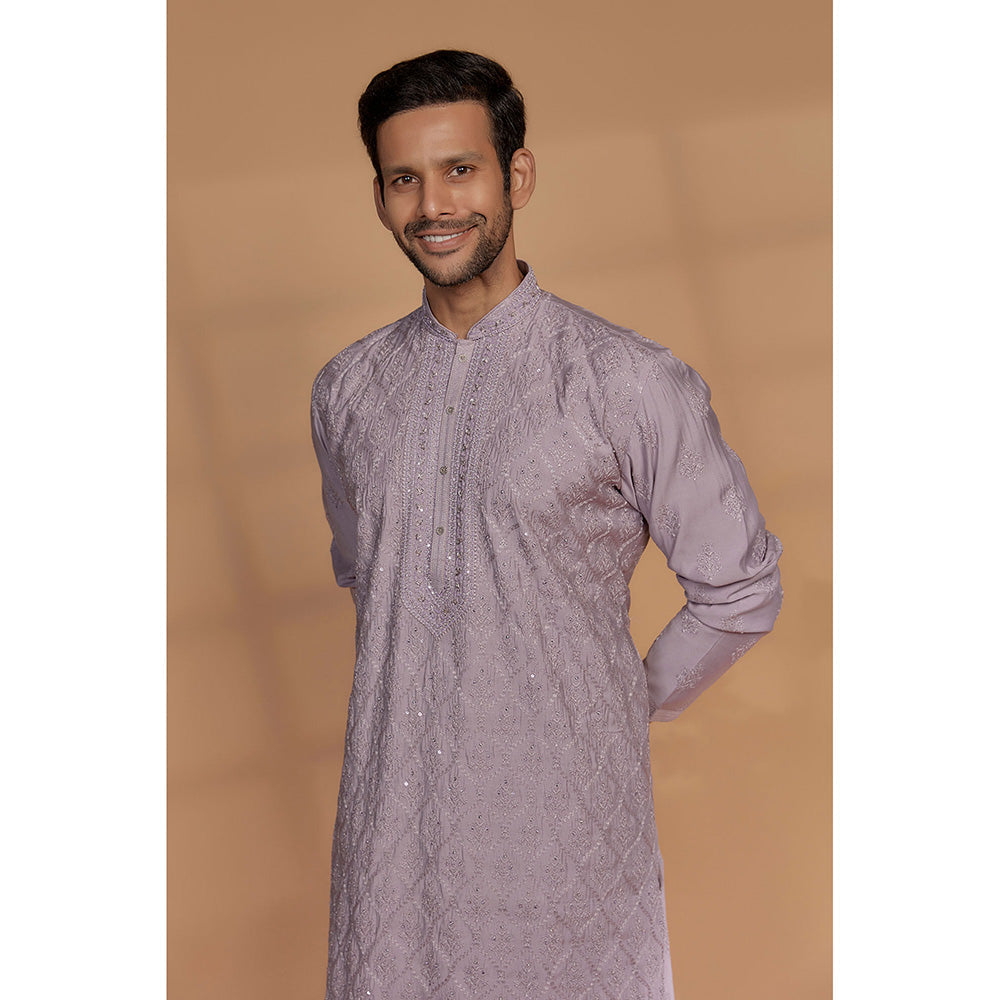 RIYAASAT Lavender Banarasi Silk Thread Embroidered Kurta with Churidar (Set of 2)