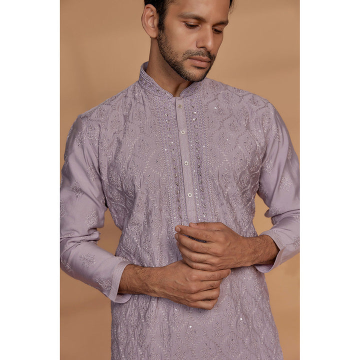 RIYAASAT Lavender Banarasi Silk Thread Embroidered Kurta with Churidar (Set of 2)