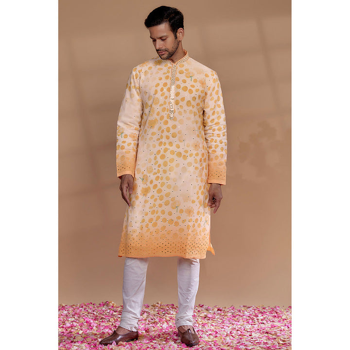 RIYAASAT Orange and White Georgette Printed Kurta with Churidar (Set of 2)