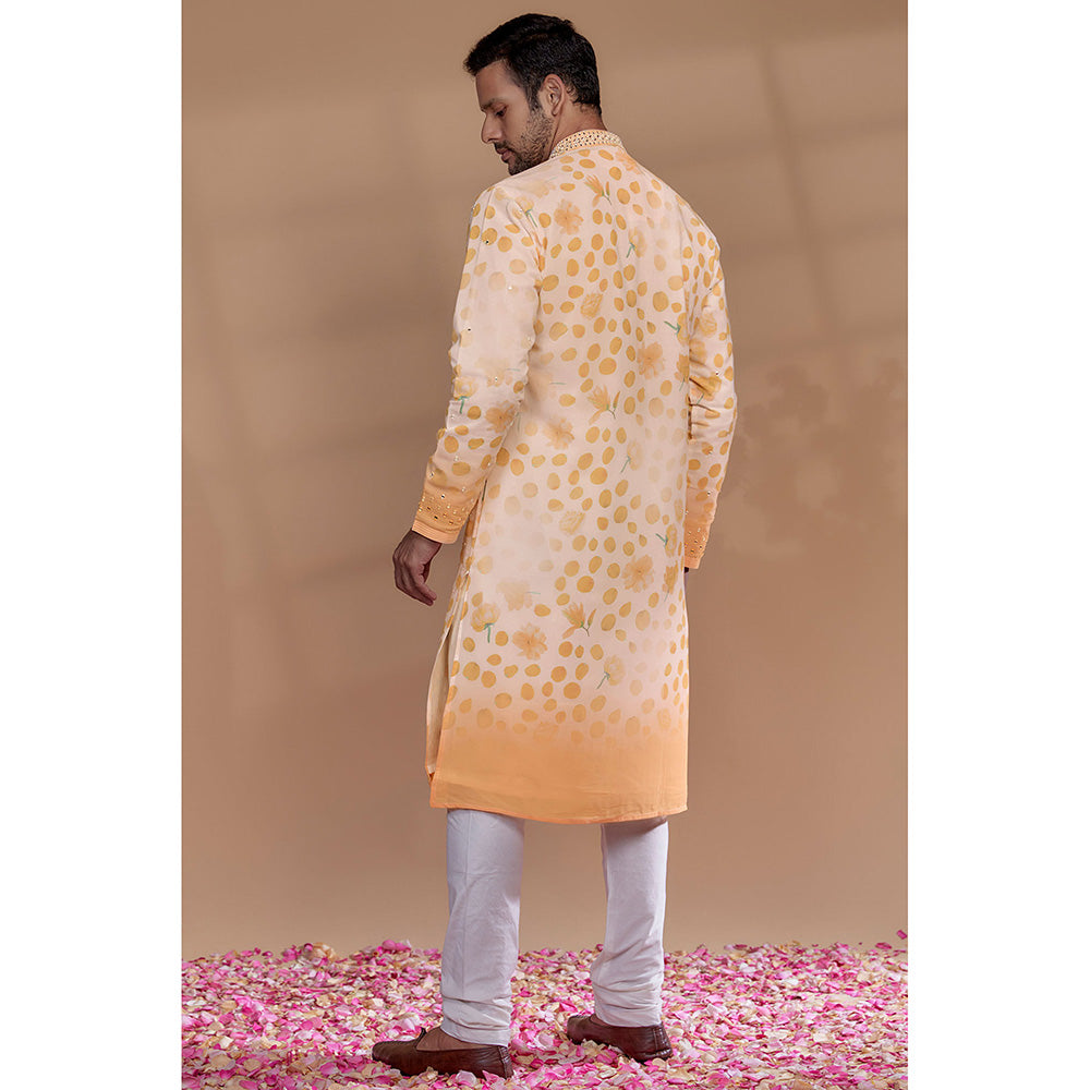 RIYAASAT Orange and White Georgette Printed Kurta with Churidar (Set of 2)