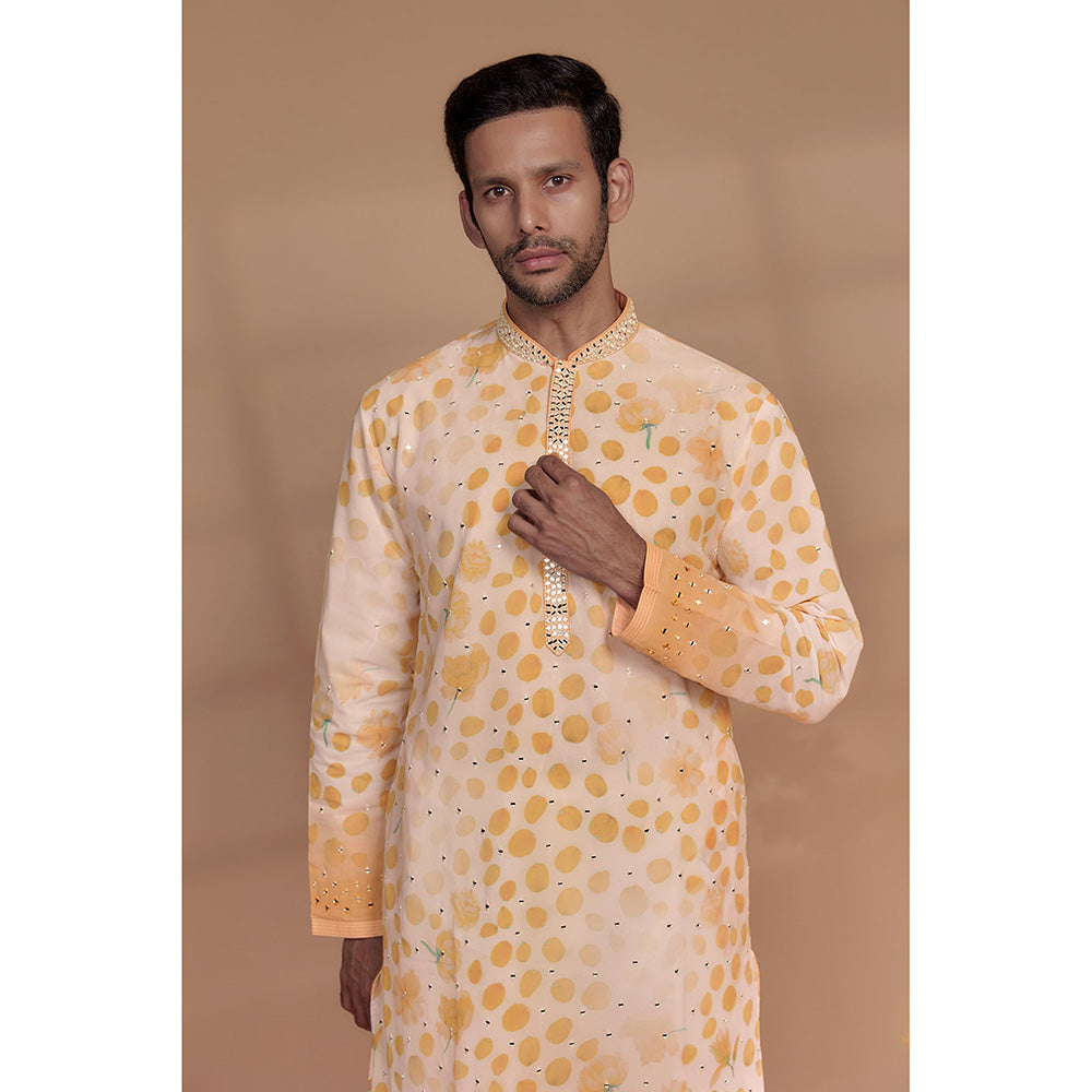 RIYAASAT Orange and White Georgette Printed Kurta with Churidar (Set of 2)