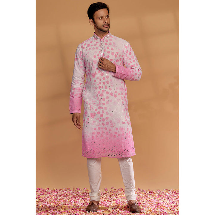 RIYAASAT Pink and White Georgette Printed Kurta with Churidar (Set of 2)