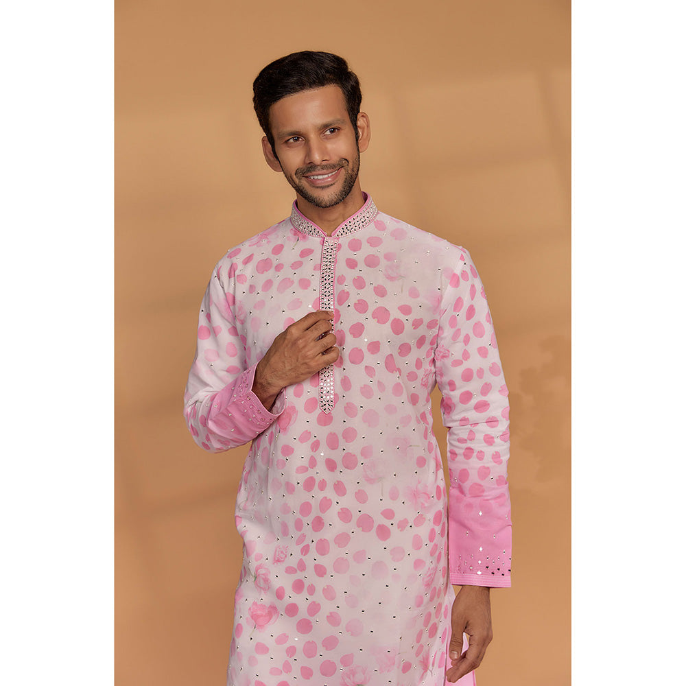 RIYAASAT Pink and White Georgette Printed Kurta with Churidar (Set of 2)