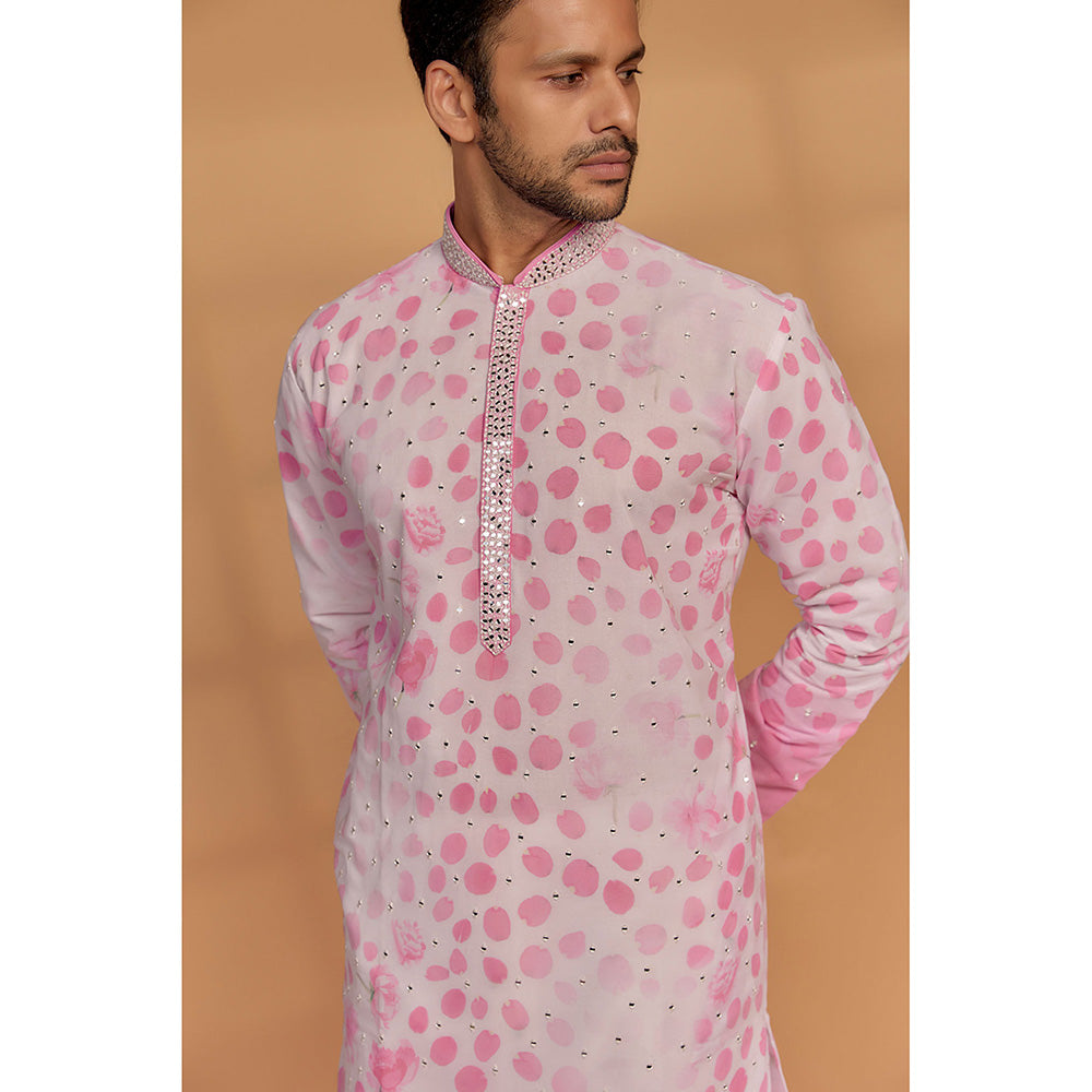 RIYAASAT Pink and White Georgette Printed Kurta with Churidar (Set of 2)