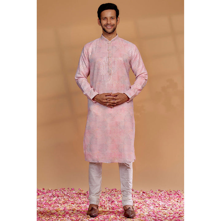 RIYAASAT Light Pink Georgette Embellished Kurta with Churidar (Set of 2)