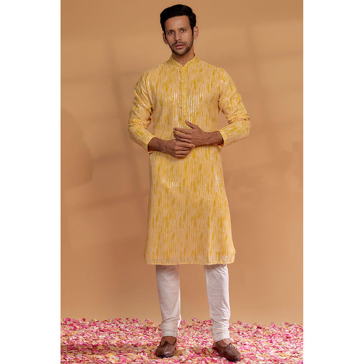 RIYAASAT Light Mustard Georgette Embellished Kurta with Churidar (Set of 2)