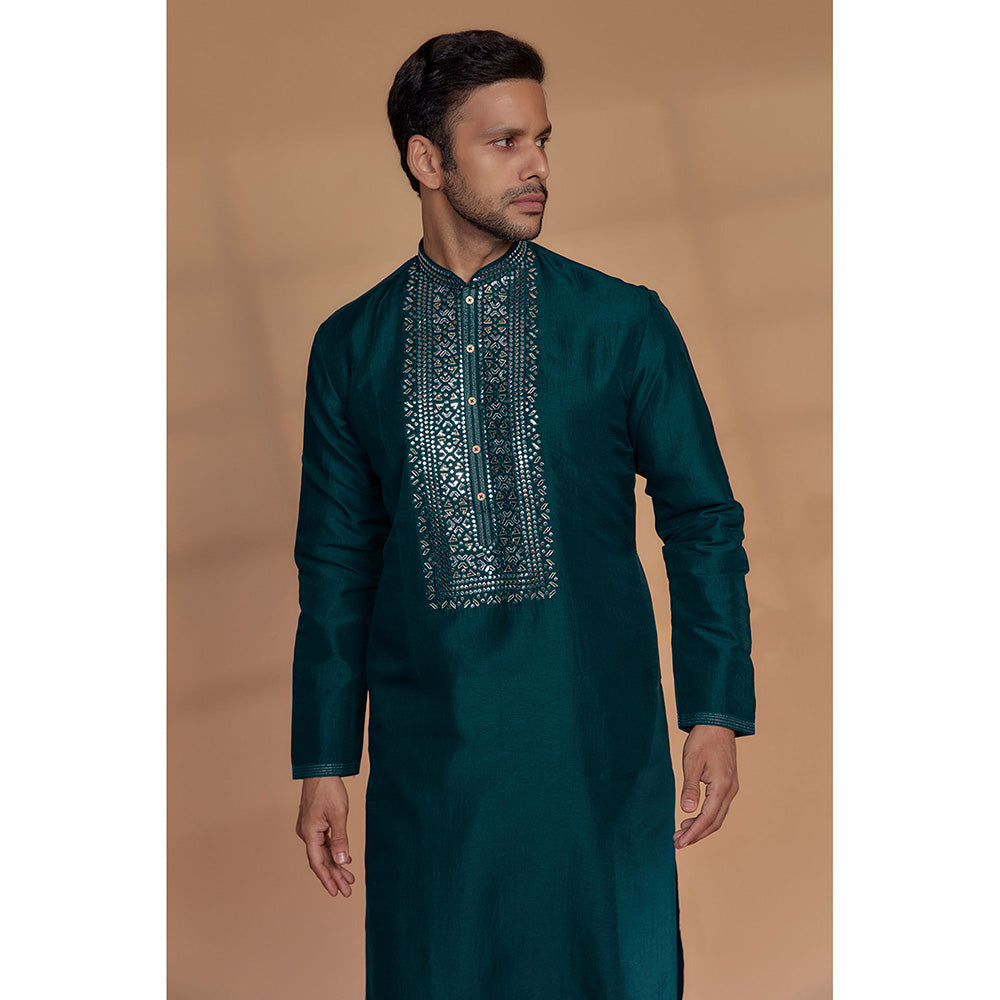 RIYAASAT Persian Teal Blue Silk Mirror Embroidered Kurta with Churidar (Set of 2)