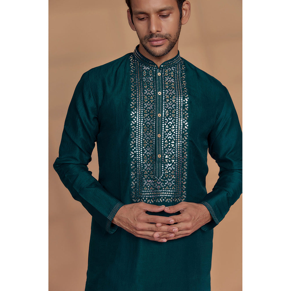 RIYAASAT Persian Teal Blue Silk Mirror Embroidered Kurta with Churidar (Set of 2)