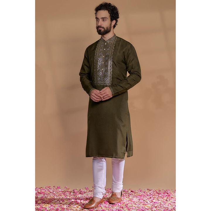 RIYAASAT Dark Olive Silk Mirror Embroidered Kurta with Churidar (Set of 2)