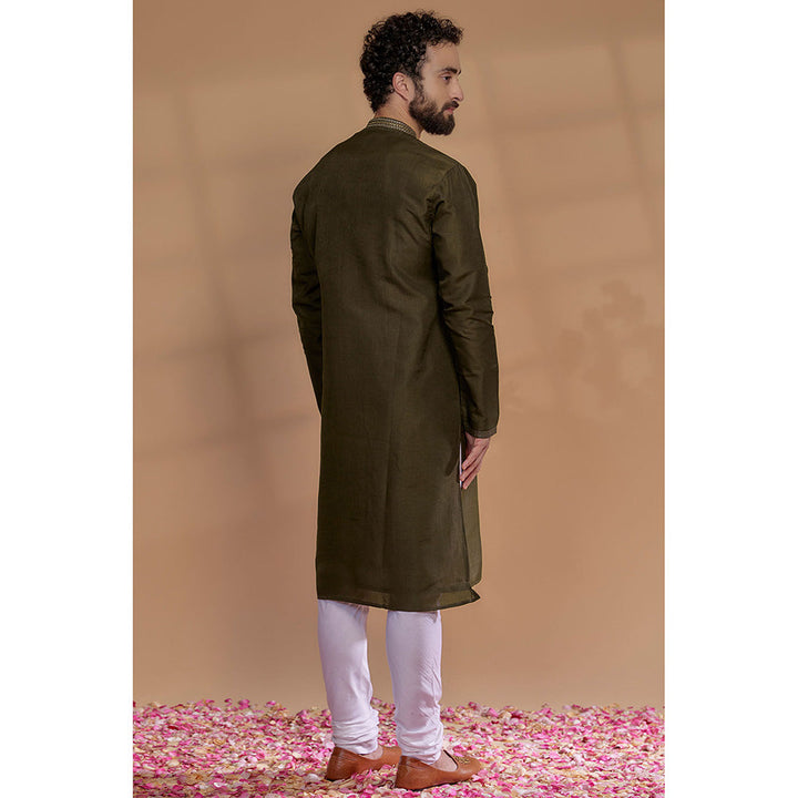 RIYAASAT Dark Olive Silk Mirror Embroidered Kurta with Churidar (Set of 2)