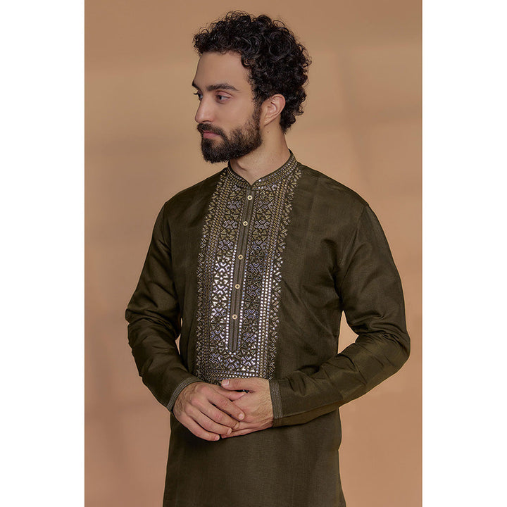 RIYAASAT Dark Olive Silk Mirror Embroidered Kurta with Churidar (Set of 2)