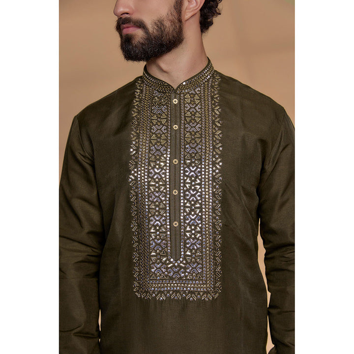 RIYAASAT Dark Olive Silk Mirror Embroidered Kurta with Churidar (Set of 2)