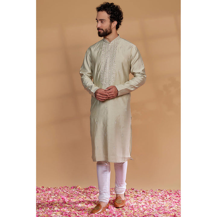 RIYAASAT Sage Green Silk Hand Embroidered Kurta with Churidar (Set of 2)