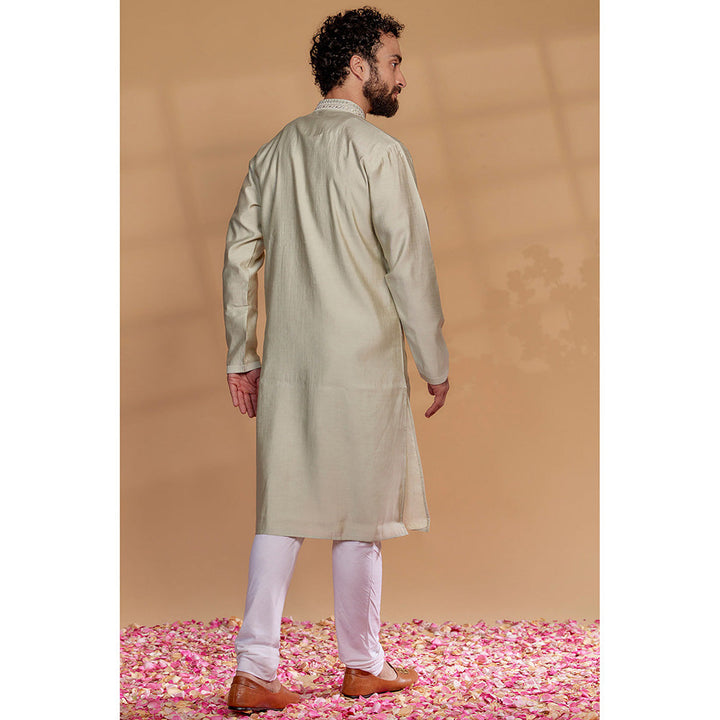 RIYAASAT Sage Green Silk Hand Embroidered Kurta with Churidar (Set of 2)