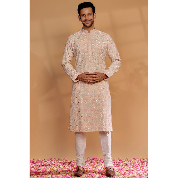 RIYAASAT Powder Peach Banarasi Silk Thread Embroidered Kurta with Churidar (Set of 2)