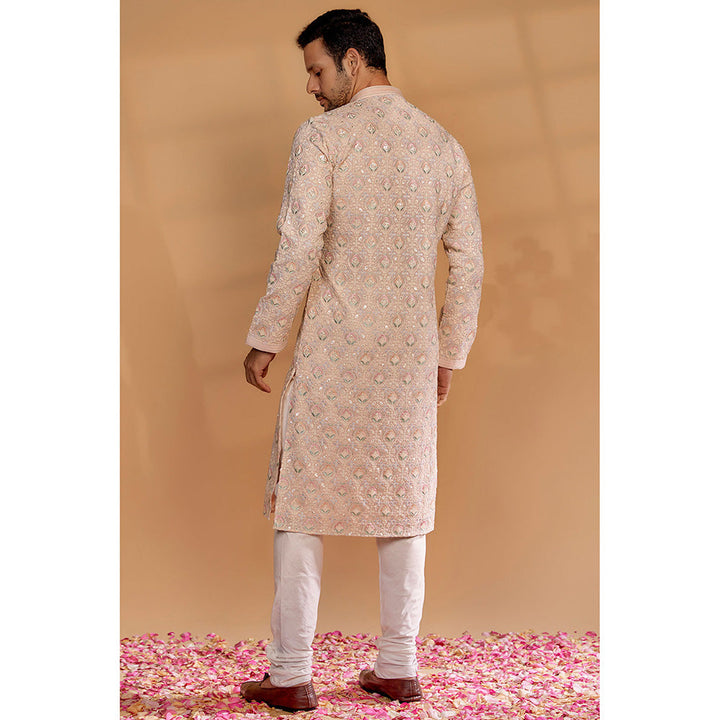 RIYAASAT Powder Peach Banarasi Silk Thread Embroidered Kurta with Churidar (Set of 2)