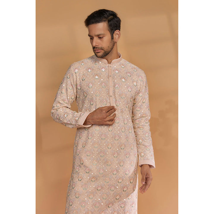 RIYAASAT Powder Peach Banarasi Silk Thread Embroidered Kurta with Churidar (Set of 2)