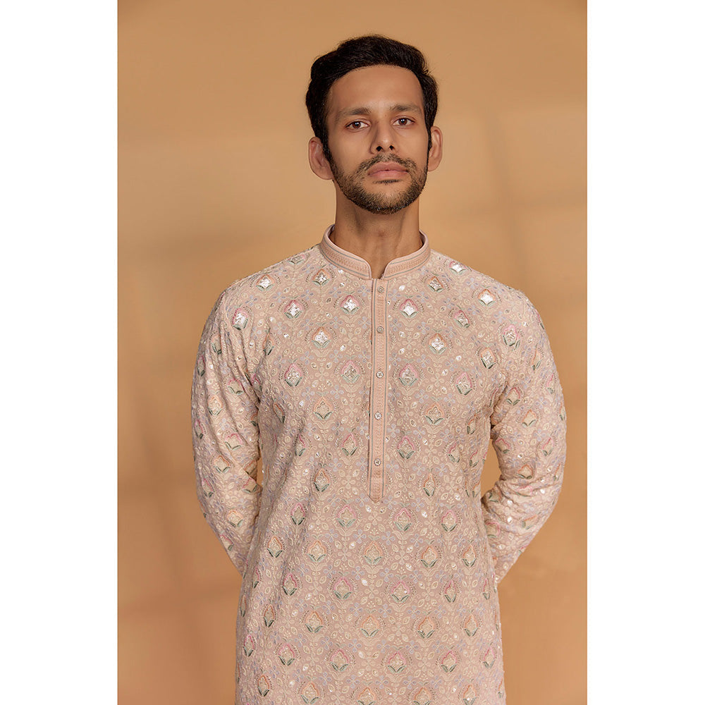 RIYAASAT Powder Peach Banarasi Silk Thread Embroidered Kurta with Churidar (Set of 2)