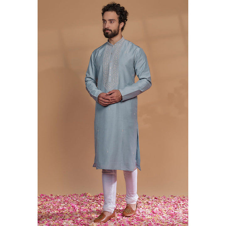 RIYAASAT Sky Blue Silk Hand Embroidered Kurta with Churidar (Set of 2)