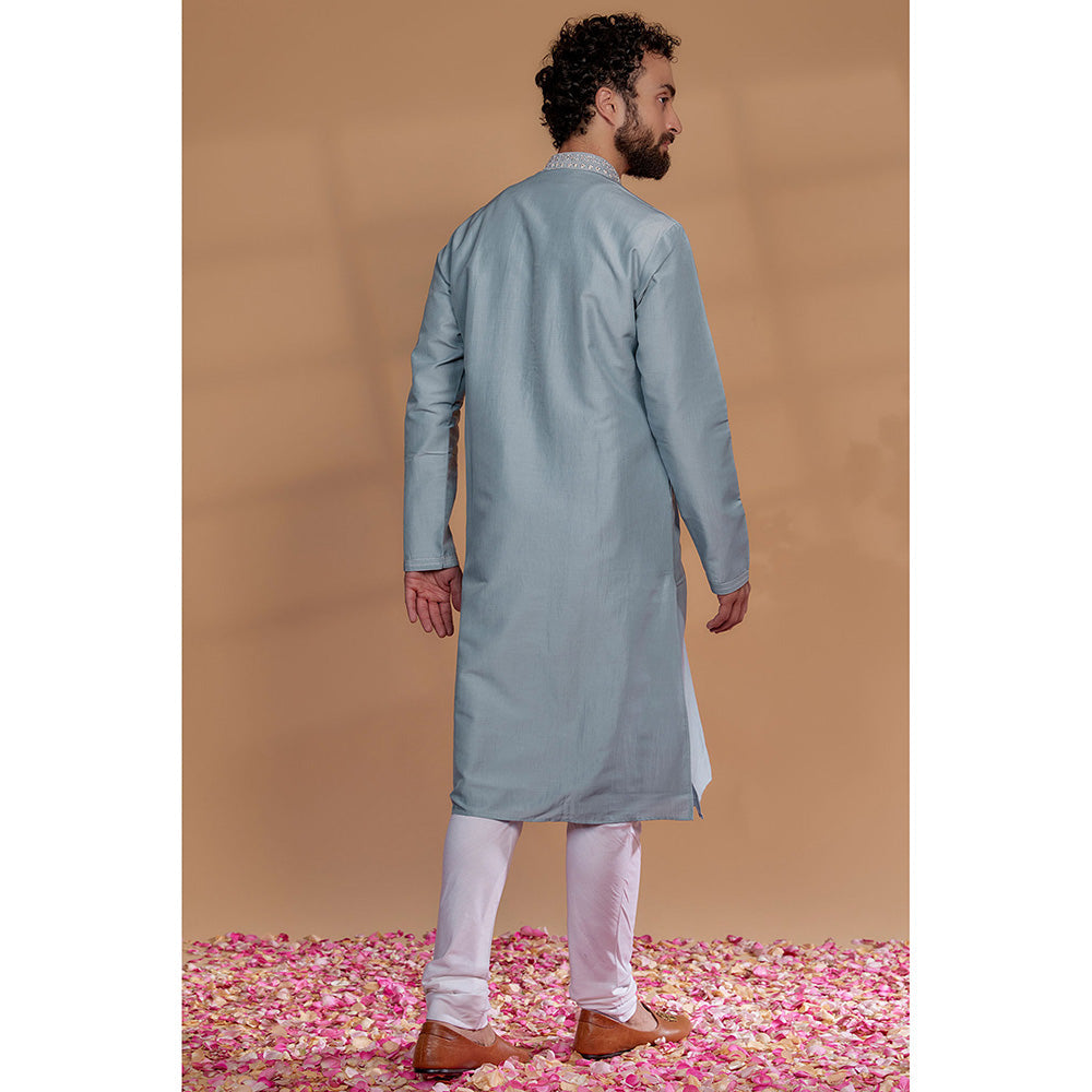 RIYAASAT Sky Blue Silk Hand Embroidered Kurta with Churidar (Set of 2)