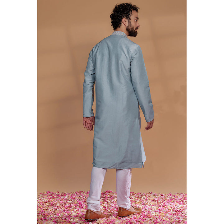 RIYAASAT Sky Blue Silk Hand Embroidered Kurta with Churidar (Set of 2)