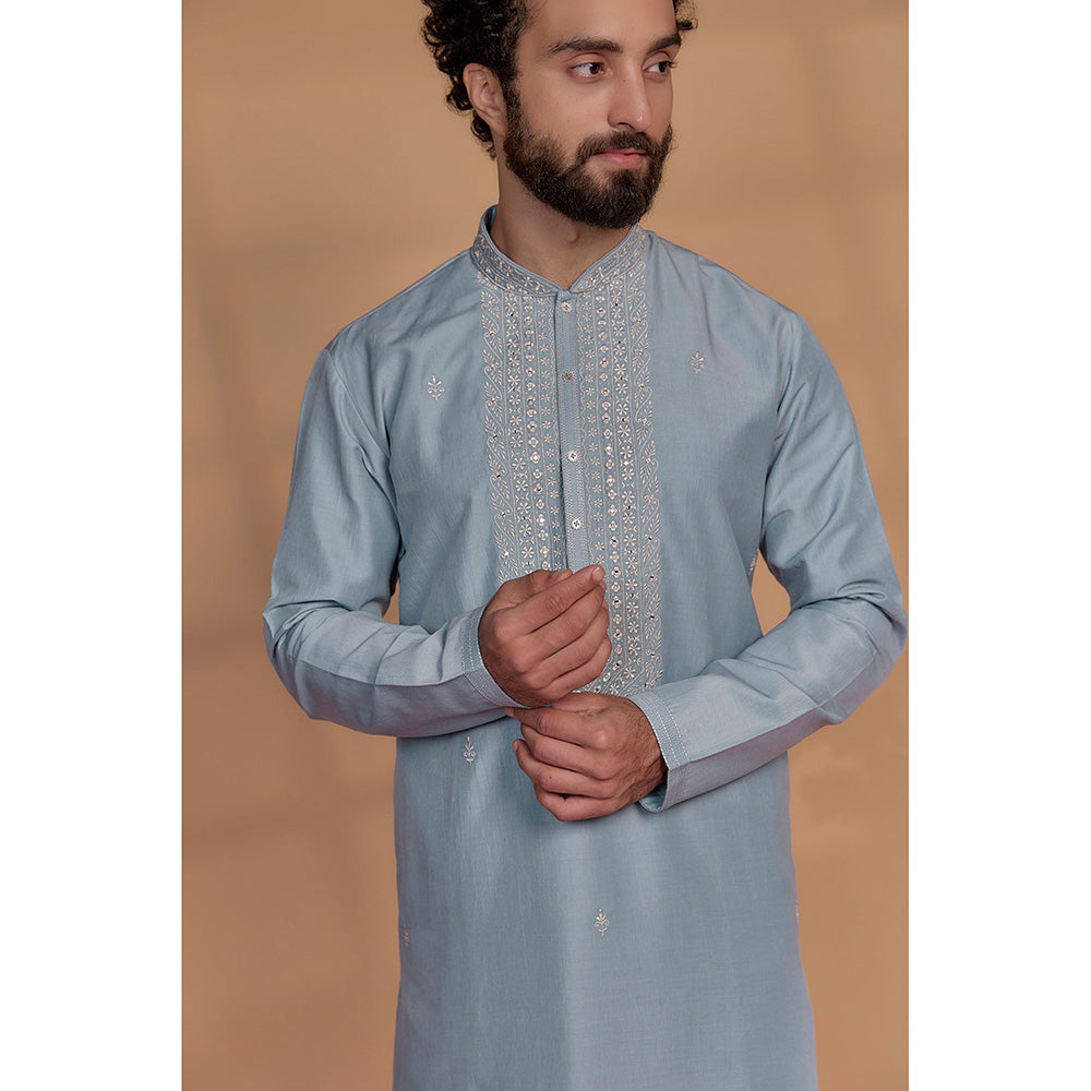 RIYAASAT Sky Blue Silk Hand Embroidered Kurta with Churidar (Set of 2)