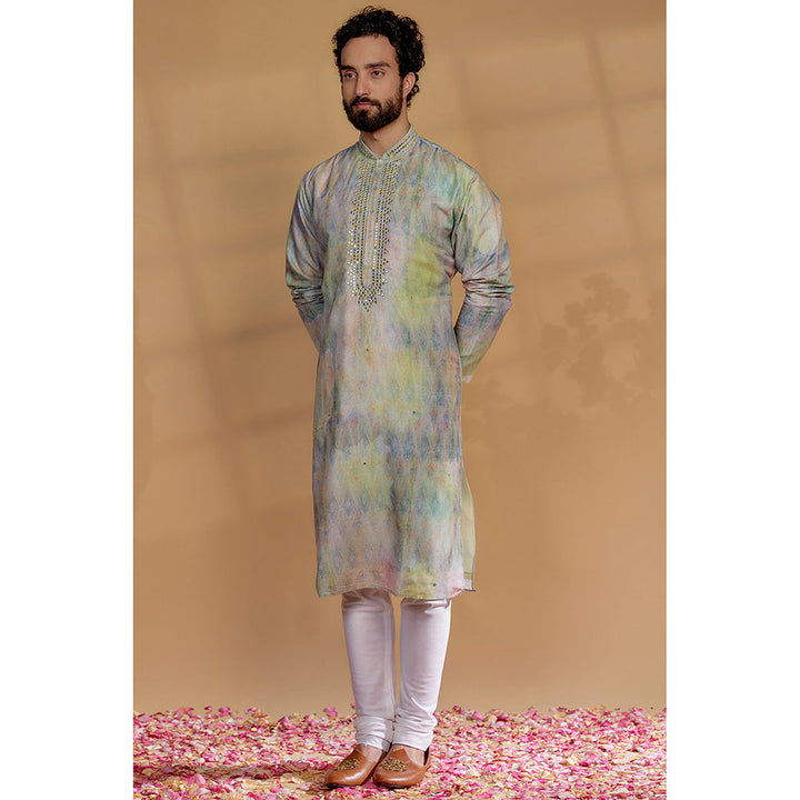 RIYAASAT Green Silk Printed Kurta with Churidar (Set of 2)