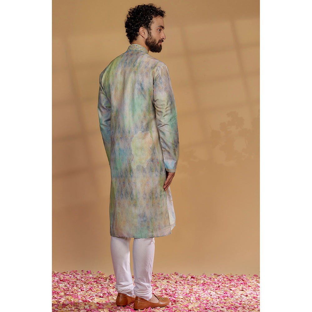 RIYAASAT Green Silk Printed Kurta with Churidar (Set of 2)