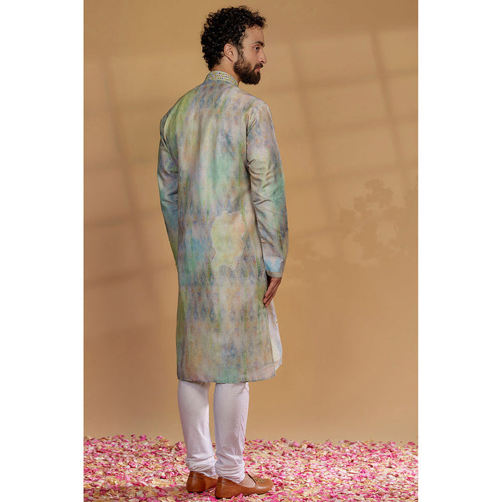 RIYAASAT Green Silk Printed Kurta with Churidar (Set of 2)