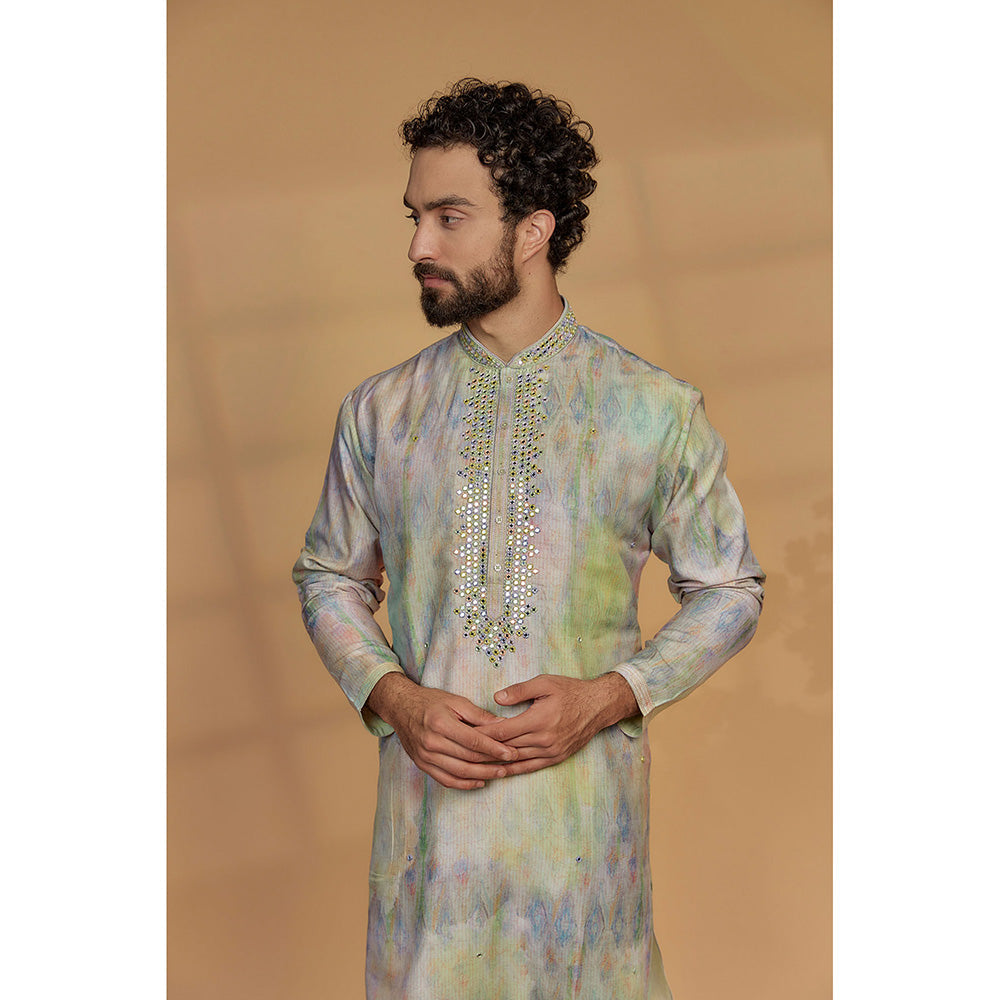 RIYAASAT Green Silk Printed Kurta with Churidar (Set of 2)