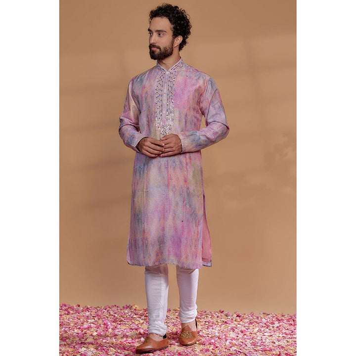 RIYAASAT Pink Silk Printed Kurta with Churidar (Set of 2)