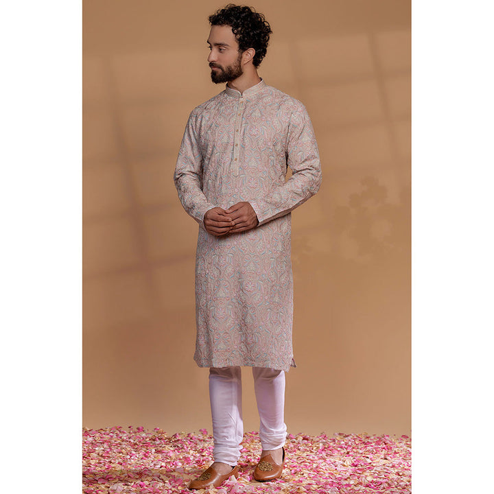 RIYAASAT Nude Pink Banarasi Silk Floral Embroidered Kurta with Churidar (Set of 2)