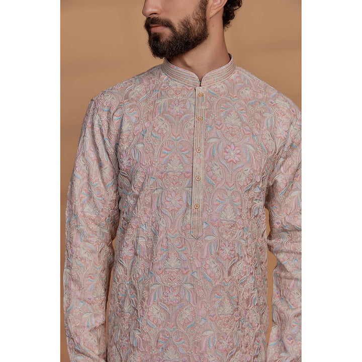 RIYAASAT Nude Pink Banarasi Silk Floral Embroidered Kurta with Churidar (Set of 2)